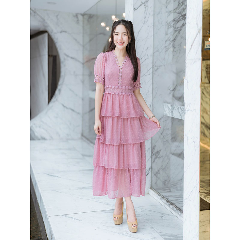 kudapy เดรสยาวสีชมพู กระโปรงยาวชั้นชีฟองจุด