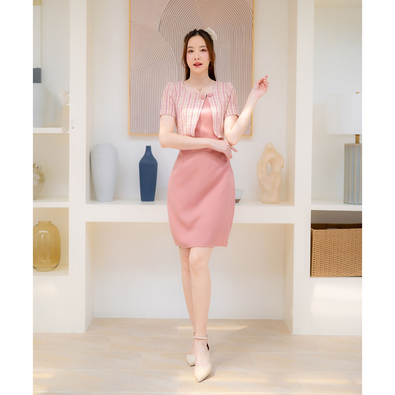 kudapy เดรสสั้นสีฟ้า/สีชมพุ/สีครีม ผ้าทอลายสก๊อตกระโปรงสีพื้น