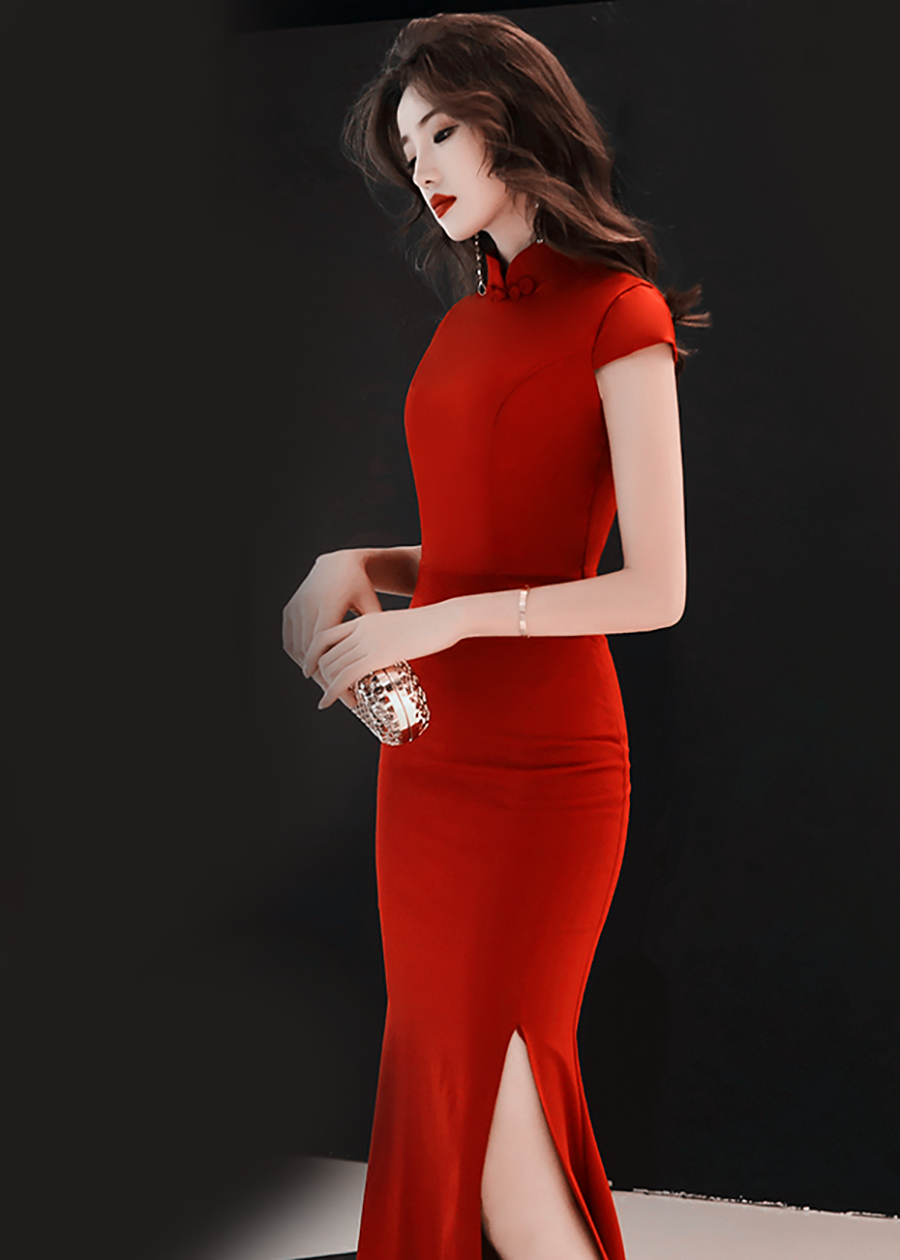 เดรสยาวออกงานคอจีน ทรงเข้ารูปแซ่บบบ ใส่ออกงานตีมจีน