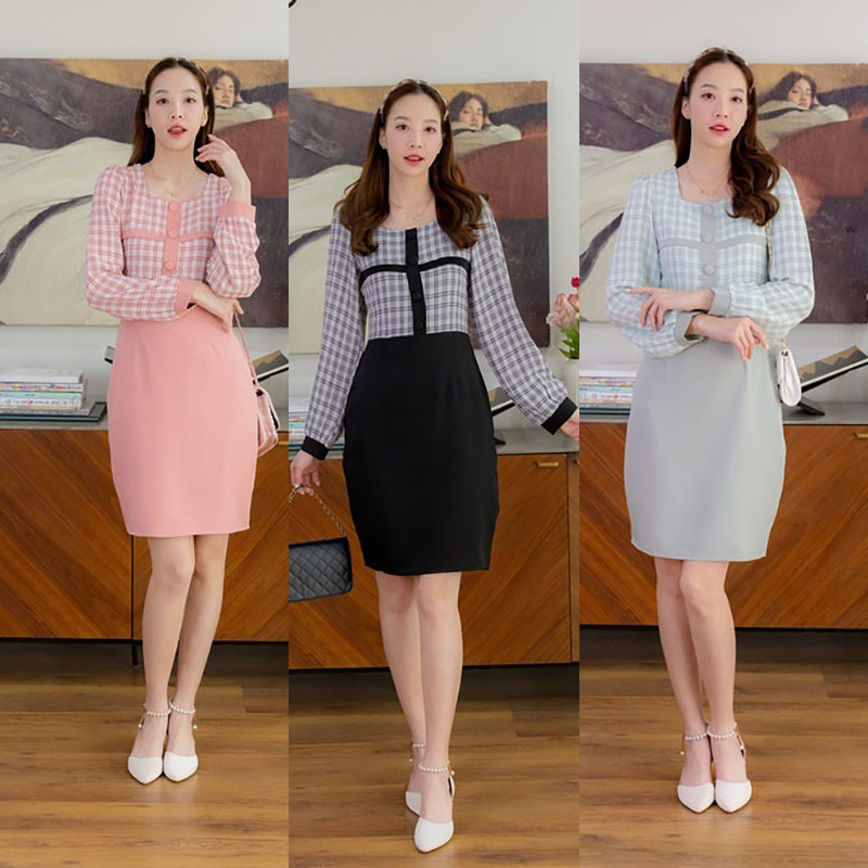kudapy เดรสสั้นสีชมพู/สีดำ/สีเขียว ใส่ทำงานแขนยาวลายสก๊อต กระโปรงสีพื้น