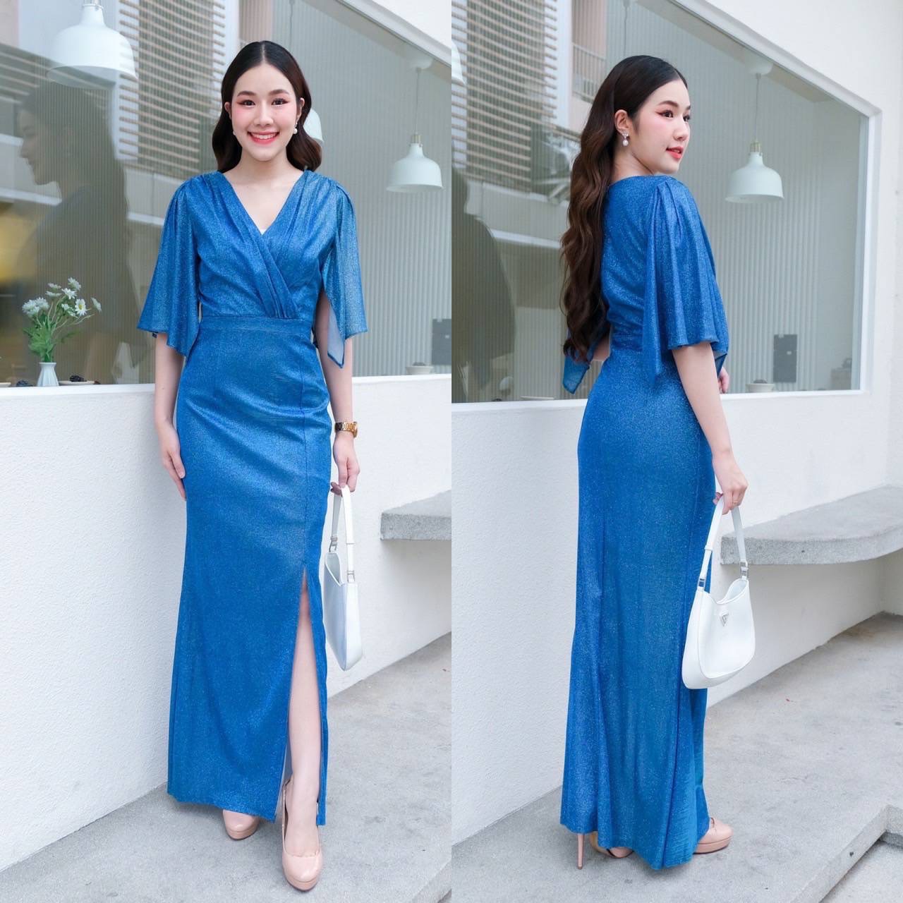 kudapy เดรสยาวสีดำ/สีน้ำเงิน/สีเงิน/สีทอง/สีชมพู/สีแดง นิ่มมาแล้วจ้า รุ่นนี้ใส่ผอม คอระหงษ์มาก ดีเทลคอวี แขนระฆัง