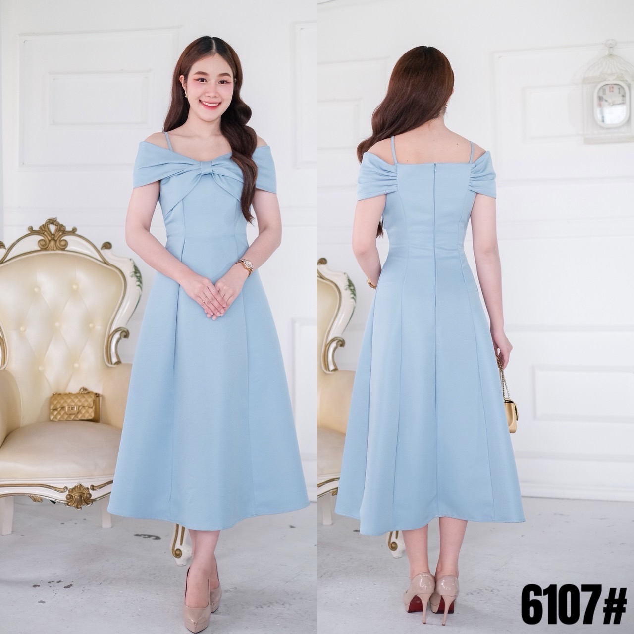 kudapy เดรสยาวสีขาว/สีชมพูพาสเทล เปิดบ่า อกโบว์ มีสายคาดบ่า คัตติ้งเริศแบบอลัง เข้ารูป เก็บทรง กระโปรงบาน