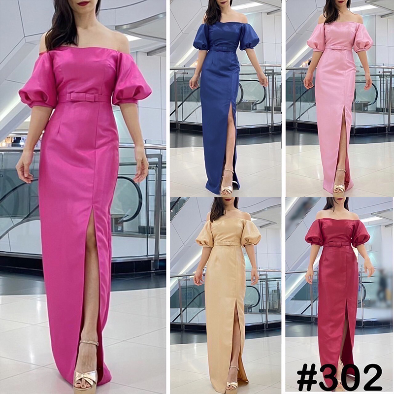 kudapy เดรสยาวสีชมพูบานเย็น/ชมพู/กรม/ทอง/แดง เปิดบ่าจีบแขนตุ๊กตาอลังๆ กระโปรงยาวทรงสอบ ผ่าหน้า มาพร้อมเข็มขัด ซิปหลังใส่ง่าย