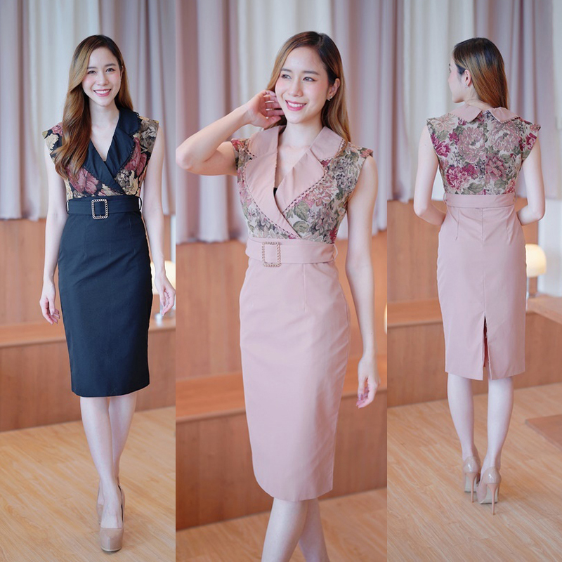 kudapy เดรสสั้นสีน้ำตาล/สีดำ ปกสูทคาดเข็มขัดสวยดูดี