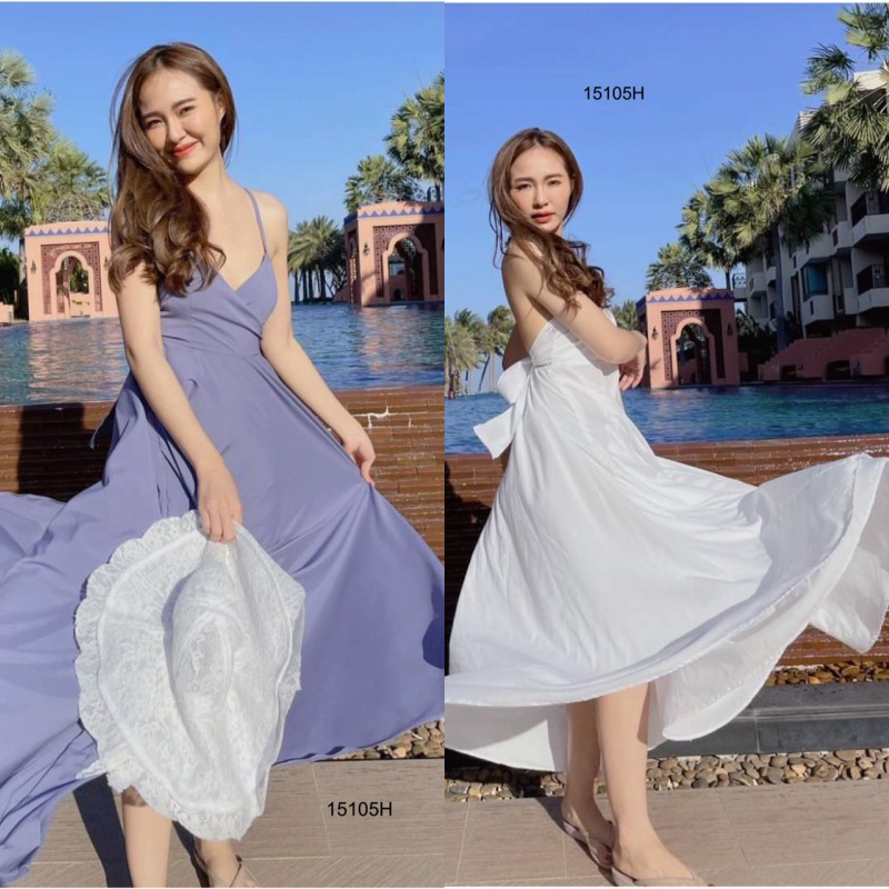 kudapy เดรสยาวสีฟ้า/สีขาว สายเดี่ยวผูกโบว์หลัง ผ้าไหมอิตาลี่ สีพื้น กระโปรงทรงบานฟรีไซต์สุดๆ