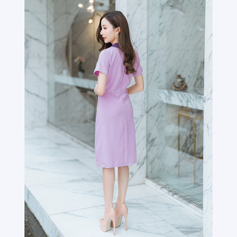 kudapy เดรสสั้นสีชมพู,ม่วง,สีเขียว คอปกจีบอกเนื้อผ้าดีใส่สบาย