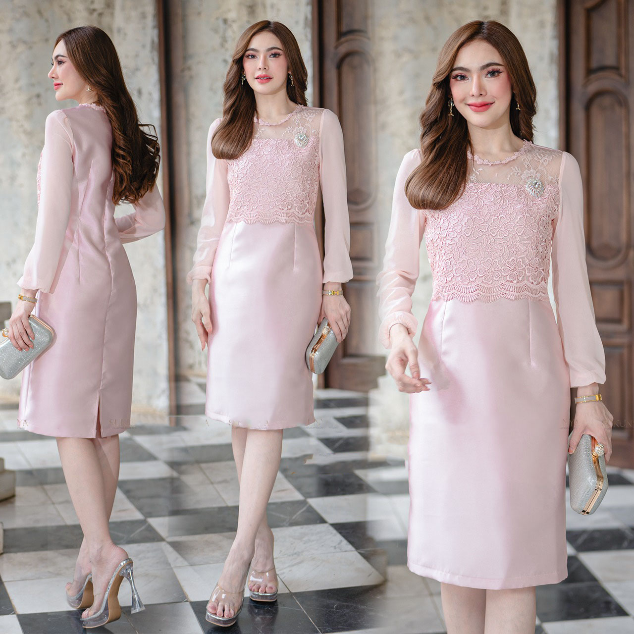 kudapy เดรสสั้น ผ้าไหมอิตาลี งานทอสี่เส้น งานหรูหรา ตัวเสื้อมีชิปหลัง ชับใน ด้านหน้าตกแต่งลูกไม้เวนิส