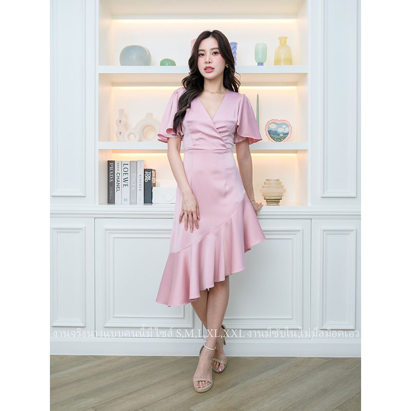 kudapy เดรสสั้นสีแดง/สีน้ำเงินกรมท่า/สีสีชมพู ออกงาน คอวีแขนระบาย ชายกระโปรงระบายสวยเก๋ แนวเรียบร้อยสวยหรูดูแพง เหมาะสำหรับใส่เป็นชุดราตรี