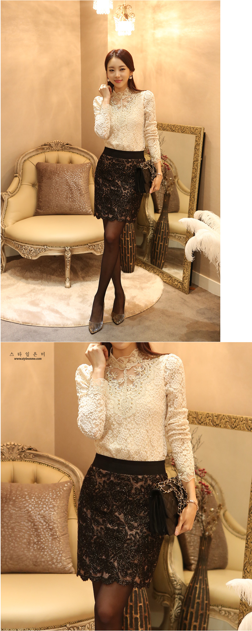 kudapy เสื้อลูกไม้แขนยาวสีครีม ผ้าลูกไม้และซับในคุณภาพดี สวมใส่สบาย