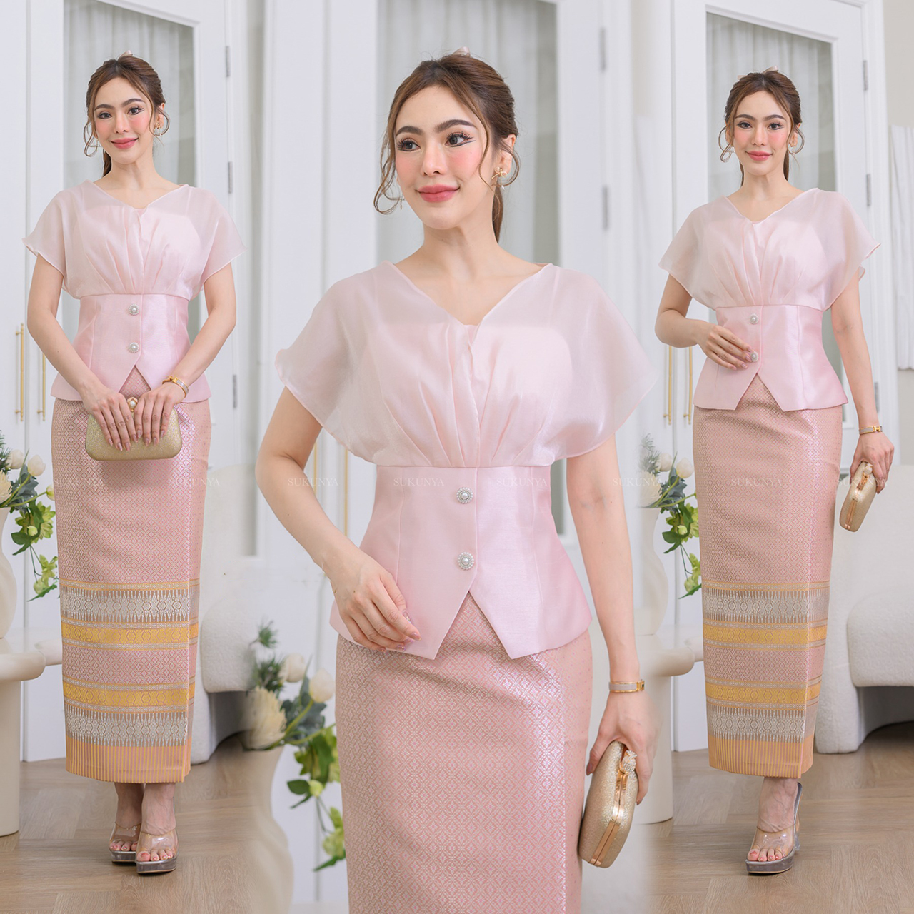 kudapy เสื้อผ้าไหมจิตลดาสี่เส้น แต่งผ้าไหมแก้วเนื้อผสมไม่แข็ง แต่งกระดุมหลอก (เฉพาะเสื้อ)