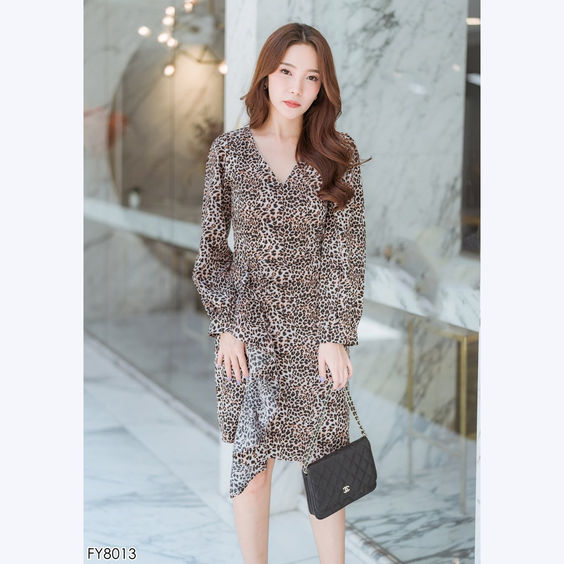 kudapy เดรสสั้นสีเหลือง แขนยาวเอวพู่ลายเสือสวยดูดีน่ารักใส่สบาย