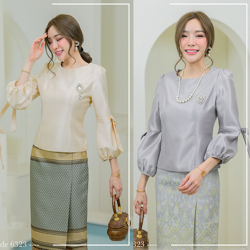 kudapy เสื้อผ้าไหมจิตรลดาสีครีม เทา น้ำเงิน งานแขนบอลลูนแต่งโปบว์ตัวเสื้ออัดกาวทั้งตัว และมีซับในให้ มาพร้อมชิปซ่อนหลังใส่สบาย