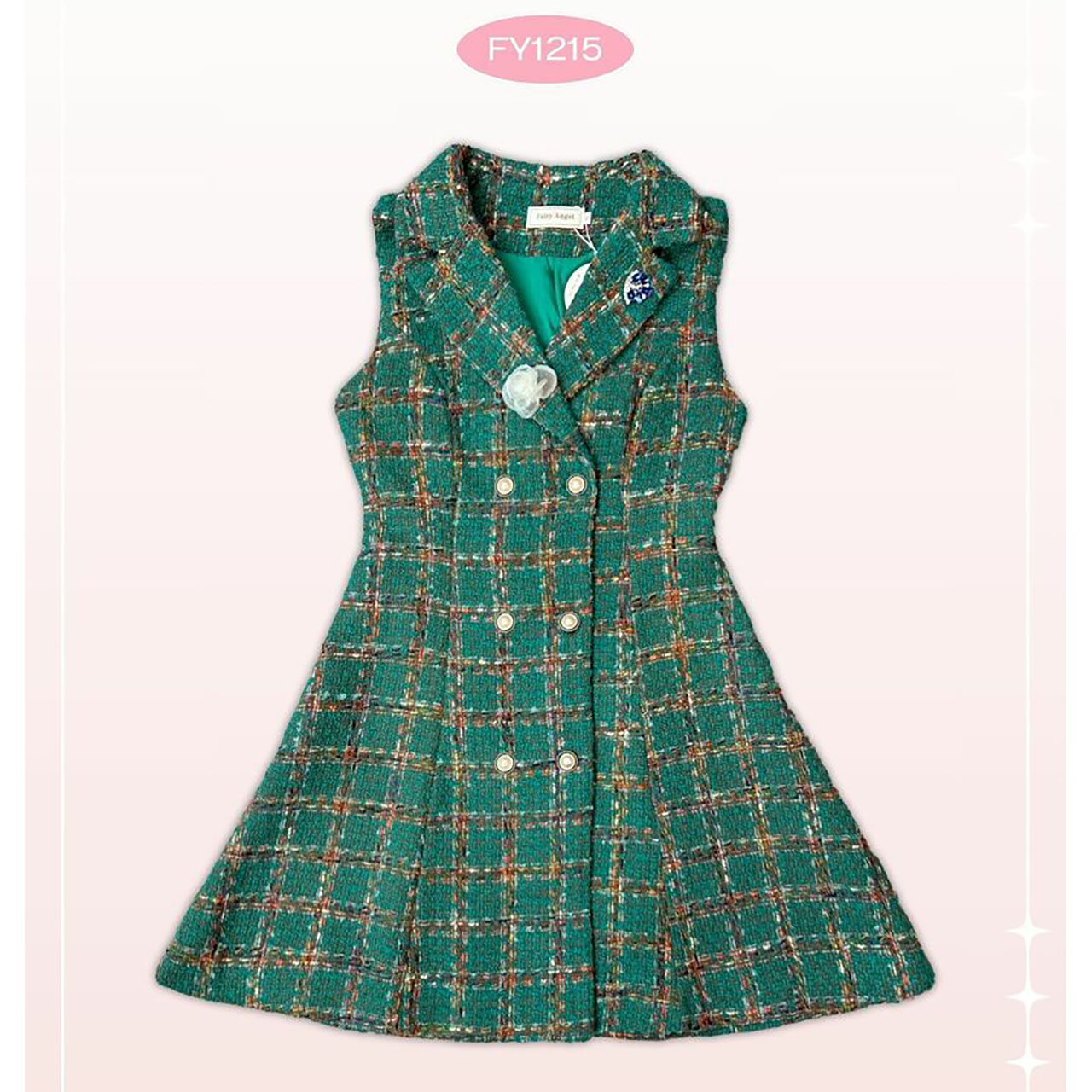 kudapy เดรสสูทสีเขียว/สีแดง กระโปรงสั้นลายตาราง แขนกุดผ้าทวิต ใส่เที่ยวสบายสวยดูดี