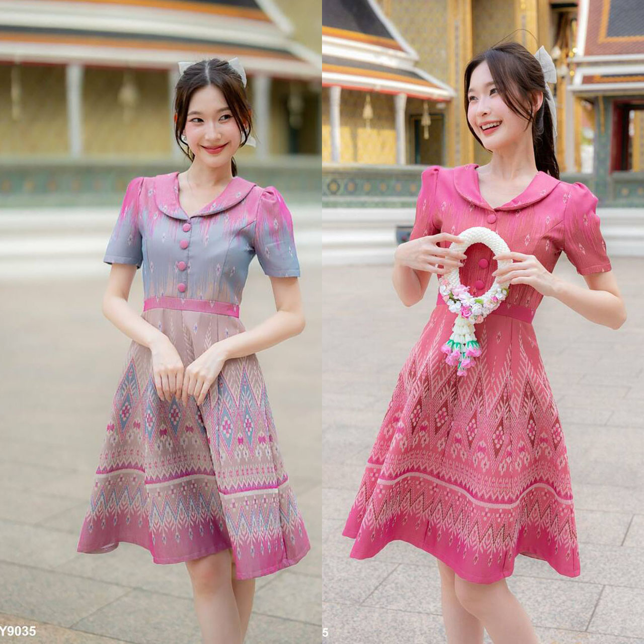 kudapy เดรสสั้นสีแดง/สีชมพู ผ้าไทยคอวีทรงบาน ใส่ออกงานสวยดูดี