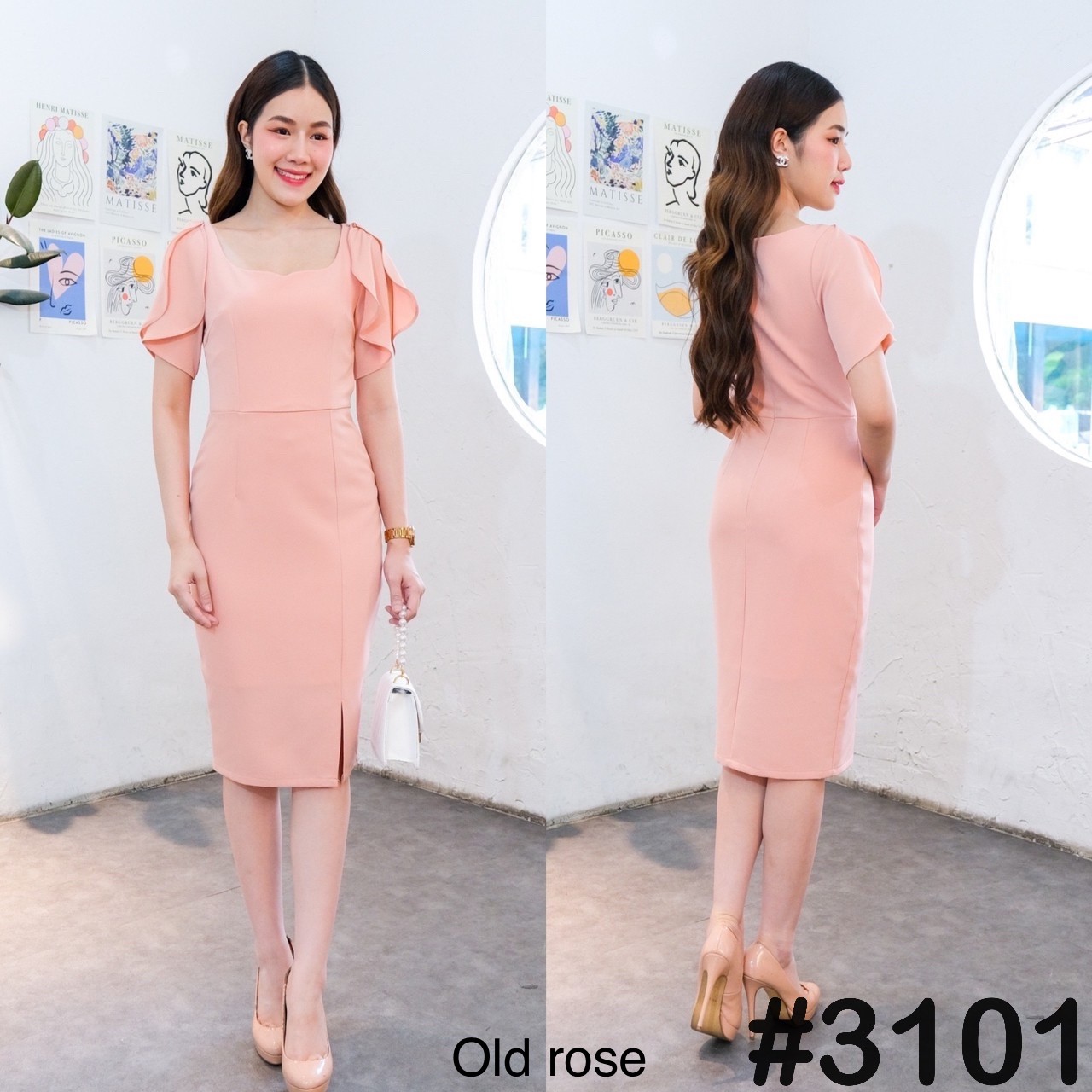 kudapy เดรสสั้นสีส้มโอรส,ครีมนู้ด,เขียวพิตาชิโอ้,ชมพู,แดง,กรม เรียบหรู เทลอกหัวใจ แขนจับเดรปสองเลเยอร์ กระโปรงผ่าหน้า เนื้อผ้าเครปเกาหลีอัดกาว