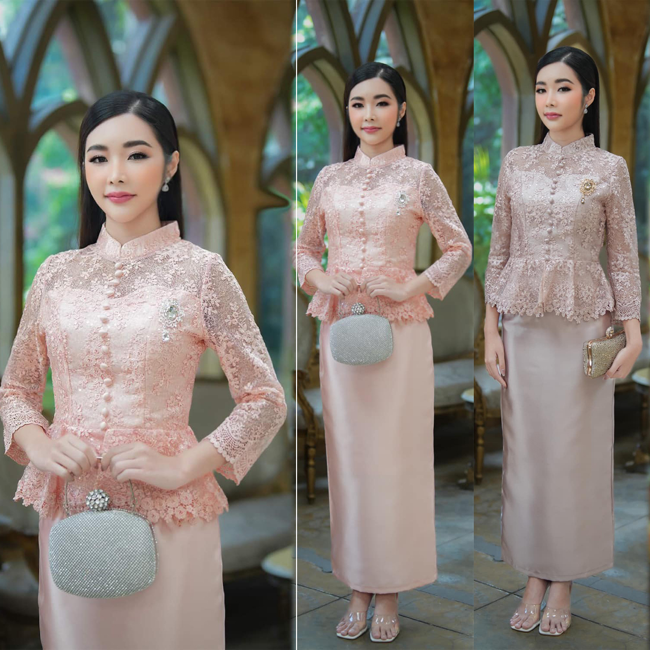 kudapy ชุดลูกไม้ใยบวบครีมน้ำตาลกะปิ / โอโรส ผ้าไหมญี่ปุ่น ผ้าหนาเงา ตัวเสื้อคอจีน
