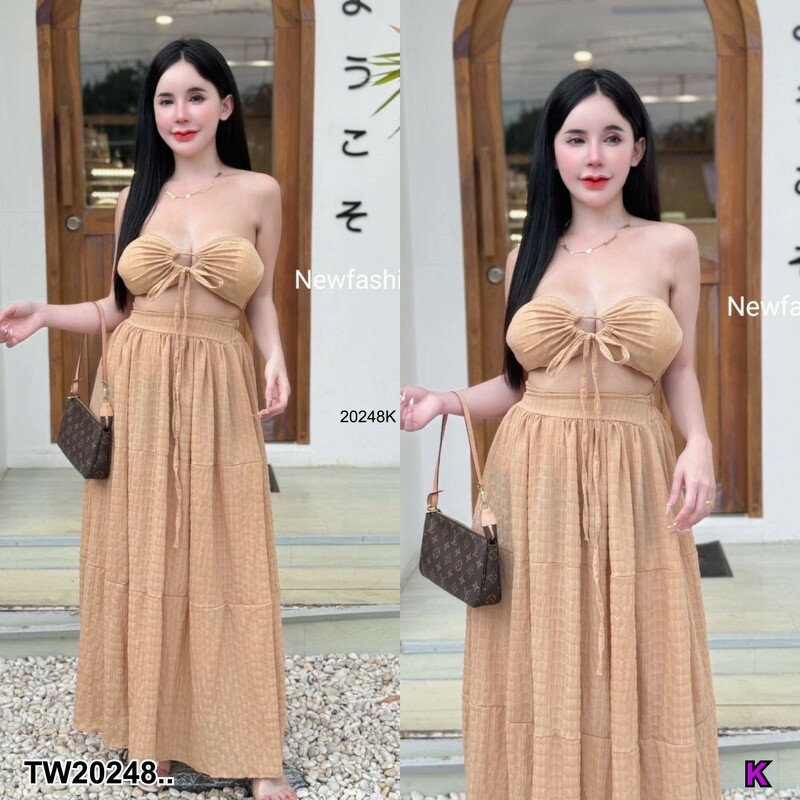 kudapy Set 2 ชิ้น เสื้อเสริมฟองน้ำ ผูกเชือกด้านหน้า + กระโปรงยาว เดรสเที่ยวทะเล