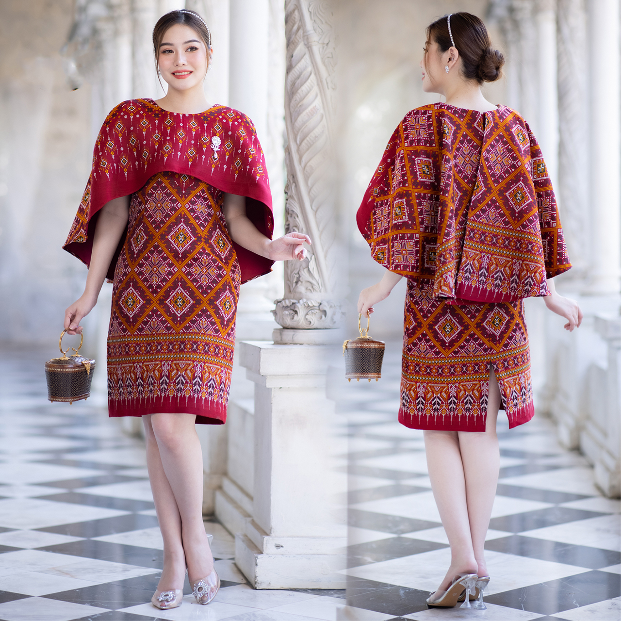 kudapy เดรสสั้นสีแดง/สีม่วง/สีม่วงอมเทา ชุดเมขลา" งานผ้าไหมทอสุดหรูลายแพรวา ทรงปีกผีเสื้อ สวยงาม ดูสง่า