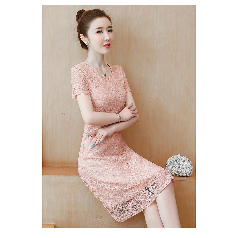 kudapy เดรสลูกไม้สีชมพูโอรส/สีครีม แขนสั้น กระโปรงทรงบานคลุมเข่า แนวเรียบร้อย สวย ดูดี ชุดเดรสทำงาน ชุดเดรสออกงาน