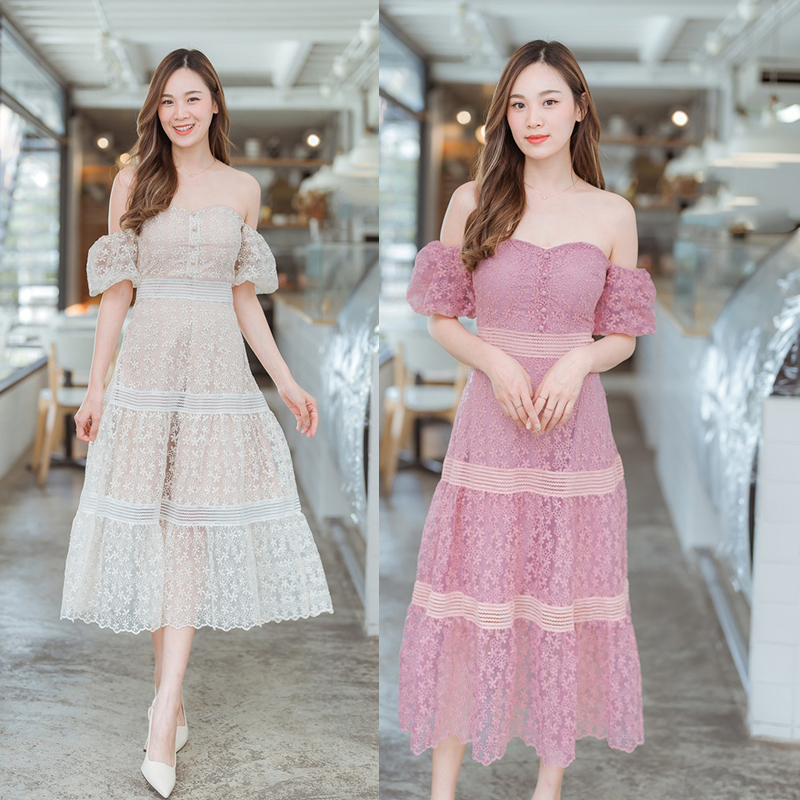 kudapy เดรสยาวเปิดไหล่สีชมพู/สีขาว ลูกไม้ออกงานเปิดไหล่สวยดูดี