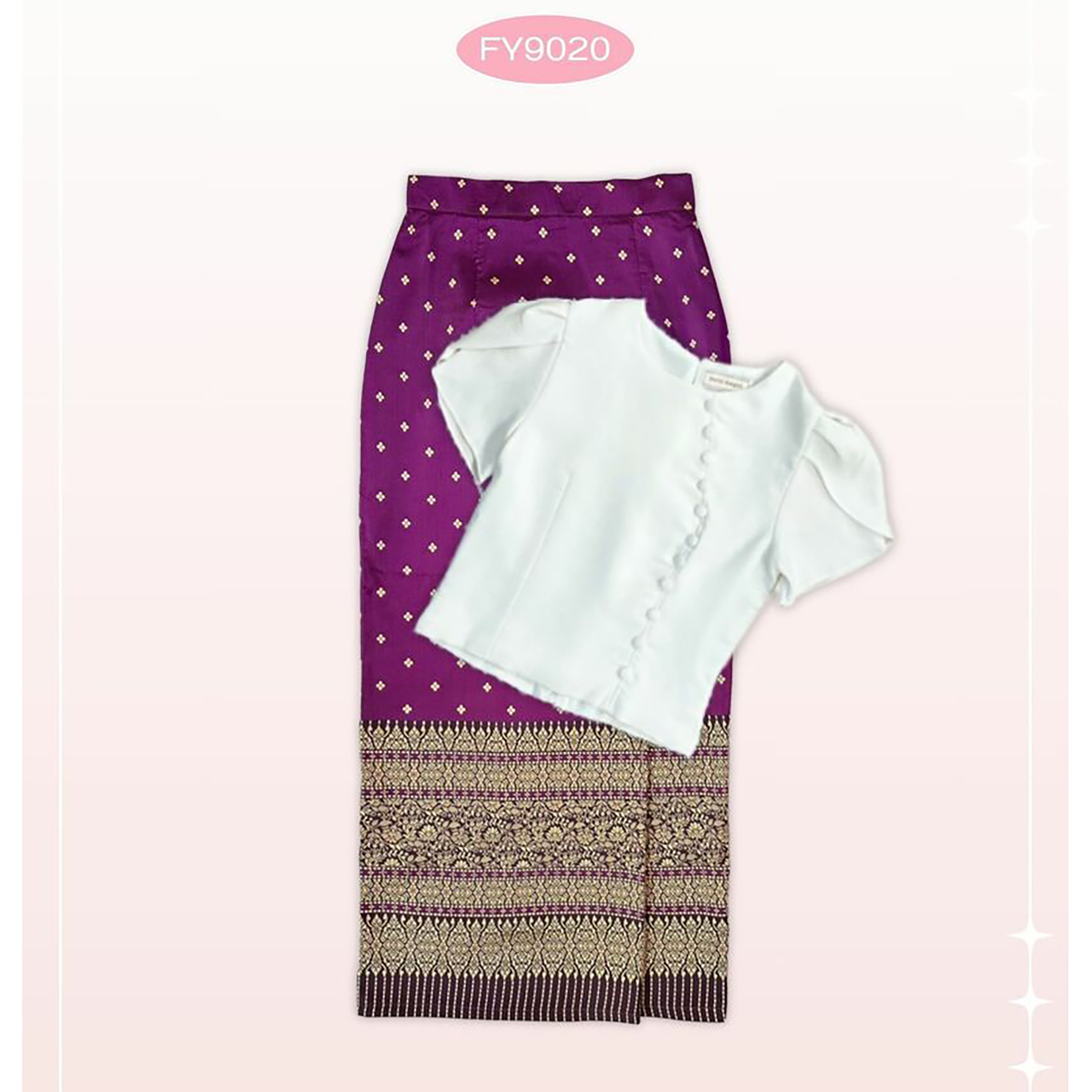 kudapy ชุดเซ็ทเสื้อสีขาว ชุดลิซ่าใส่+กระโปรงลายไทยสีชมพู/สีครีม