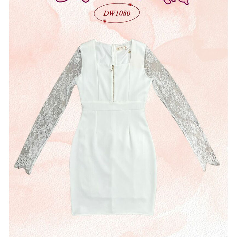 kudapy เดรสสั้นสีชมพู/สีขาว/สีดำ อกซิบแขนลูกไม้ยาว