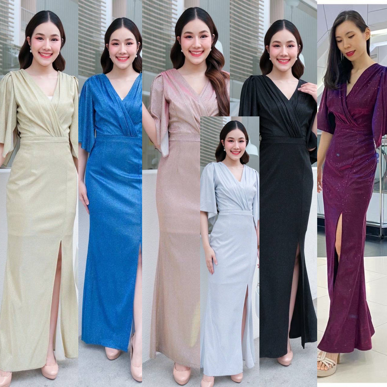 kudapy เดรสยาวสีดำ/สีน้ำเงิน/สีเงิน/สีทอง/สีชมพู/สีแดง นิ่มมาแล้วจ้า รุ่นนี้ใส่ผอม คอระหงษ์มาก ดีเทลคอวี แขนระฆัง