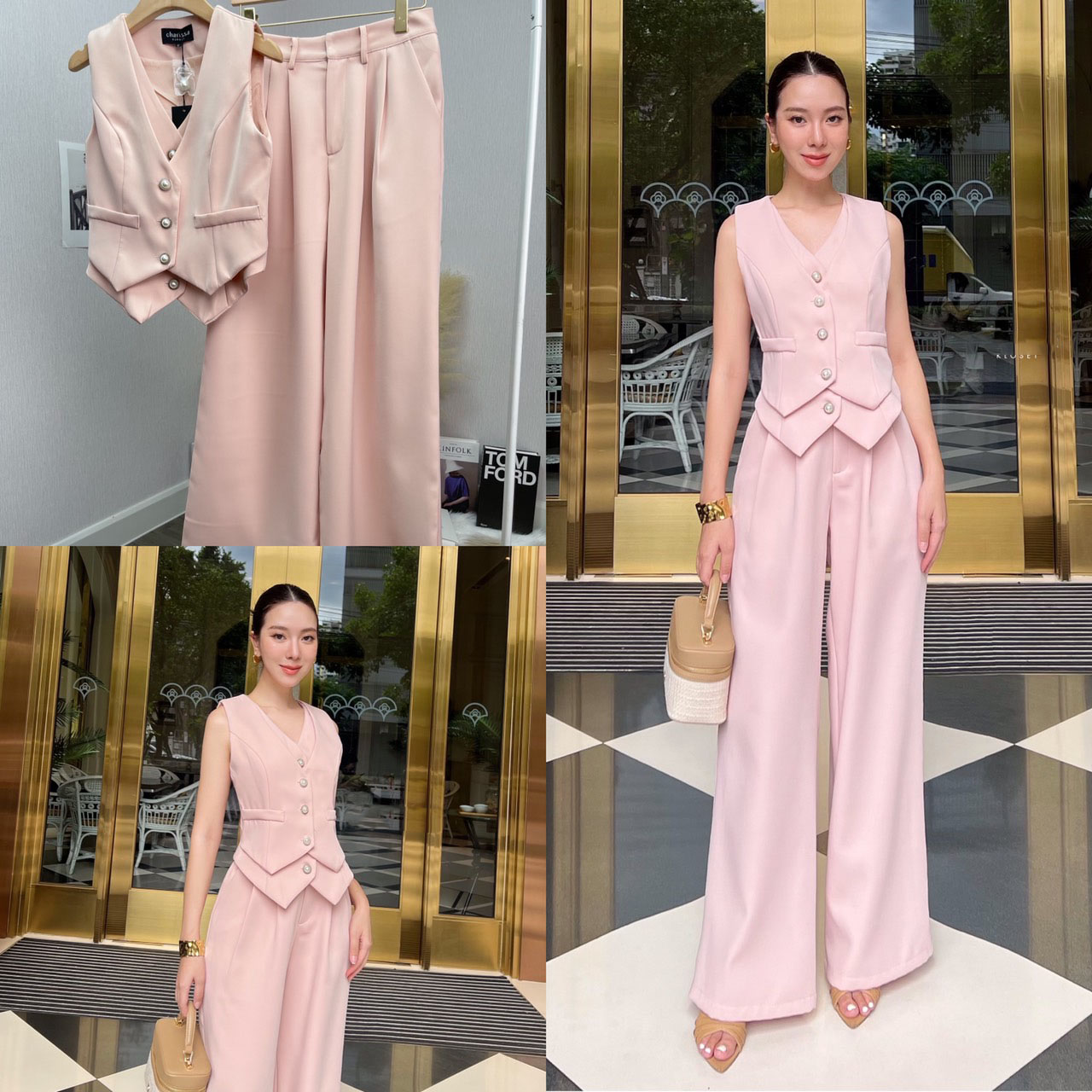 kudapy เซ็ทเสื้อแขนกุดทรง vest เย็บดับเบิ้ล 2 ชั้น กางเกงขายาวทรงปล่อย ตัวเสื้อแต่งกระดุมจริงปลายทรงแหลม