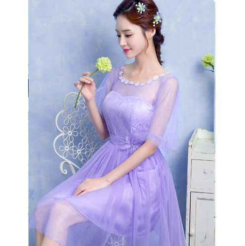 kudapy ชุดราตรีสั้นสีชมพู/สีม่วง คอกลม ช่วงบนประดับด้วยผ้าลูกไม้ แขนพองๆ2ชั้น