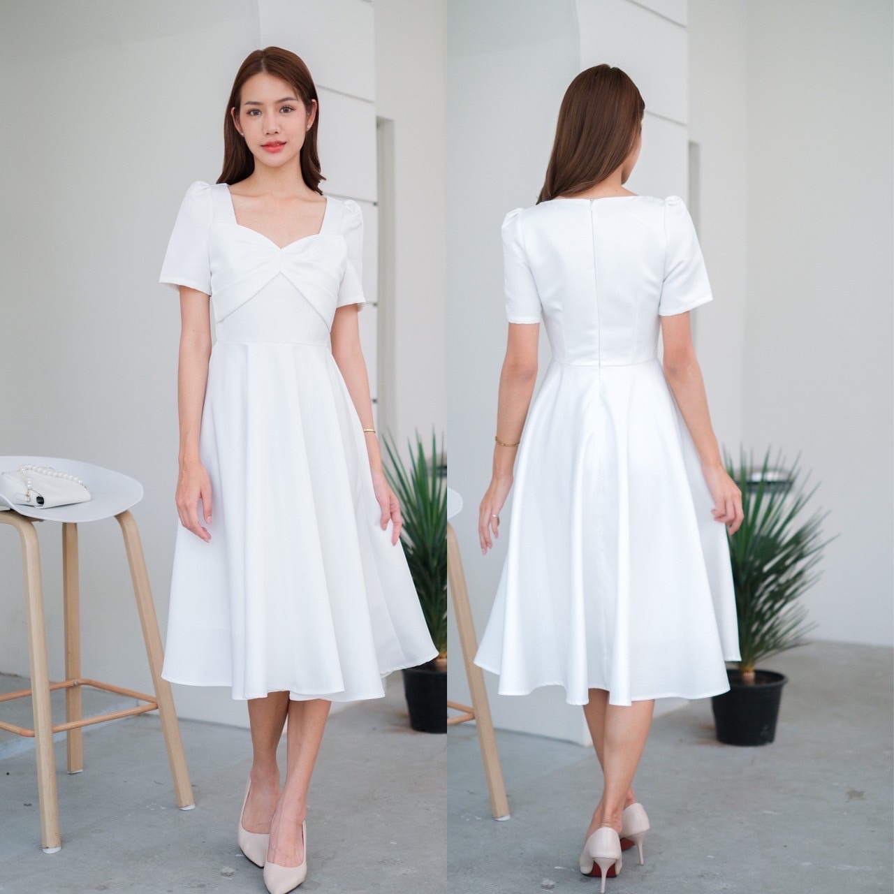 kudapy เดรสแขนสั้น คอเหลี่ยมวี คัตติ้งเริศแบบอลัง เข้ารูป เก็บทรง กระโปรงบานพริ้ว ใช้ผ้าเยอะ เจาะกระเป๋าลึก