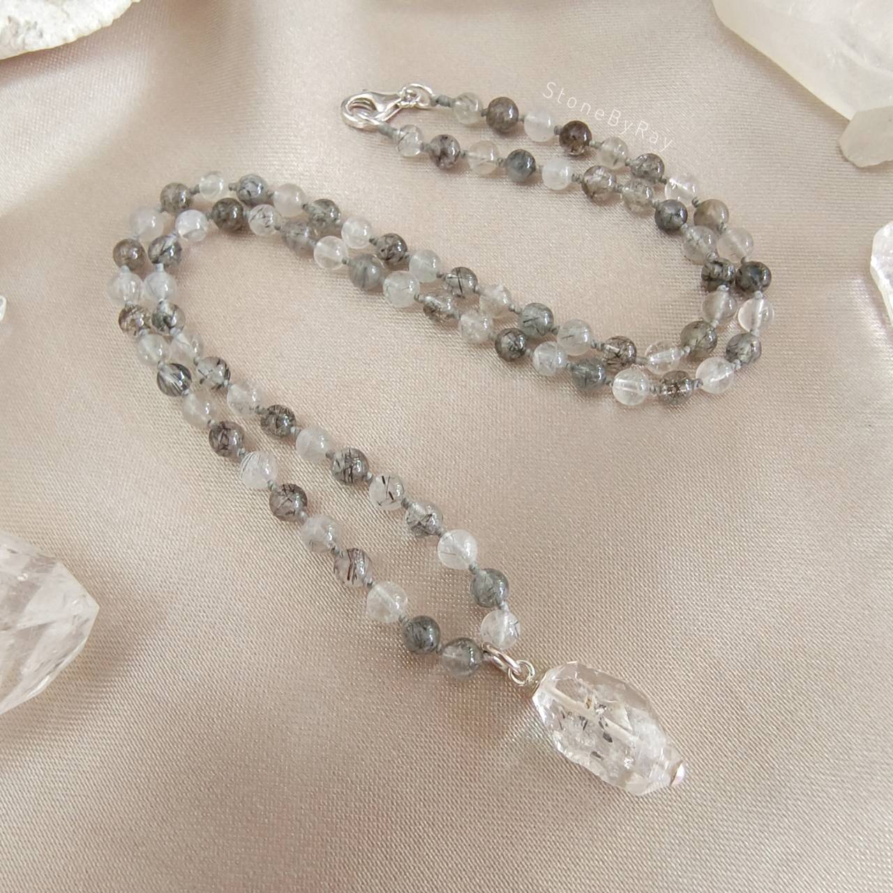 สร้อยคอเชือกถักหินไหมดำกับจี้คริสตัลเฮอร์คิเมอร์ Black Tourmaline Quartz+Herkimer Diamond