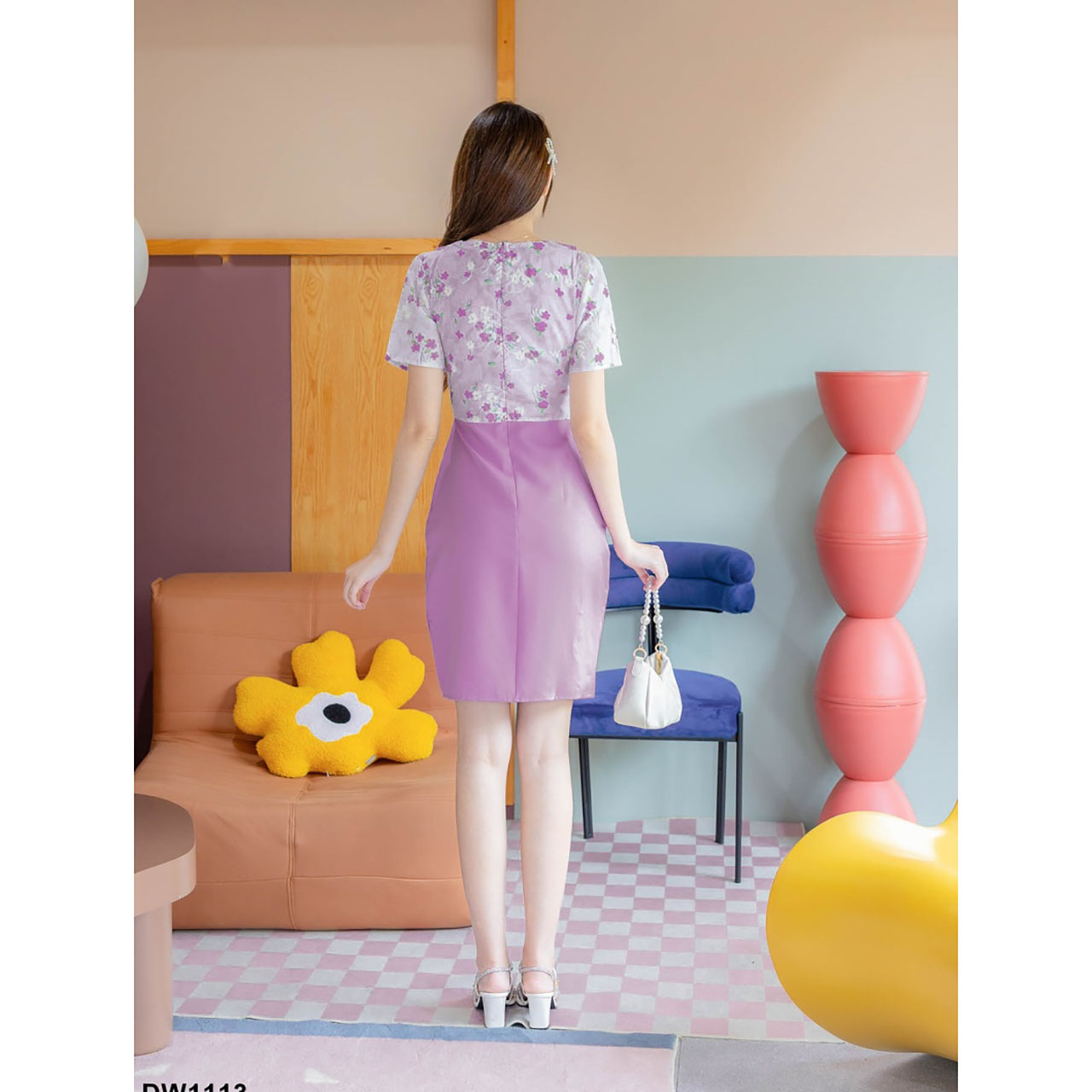 kudapy เดรสสีพื้นแต่งเสื้อลายดอกโบว์2ชิ้น