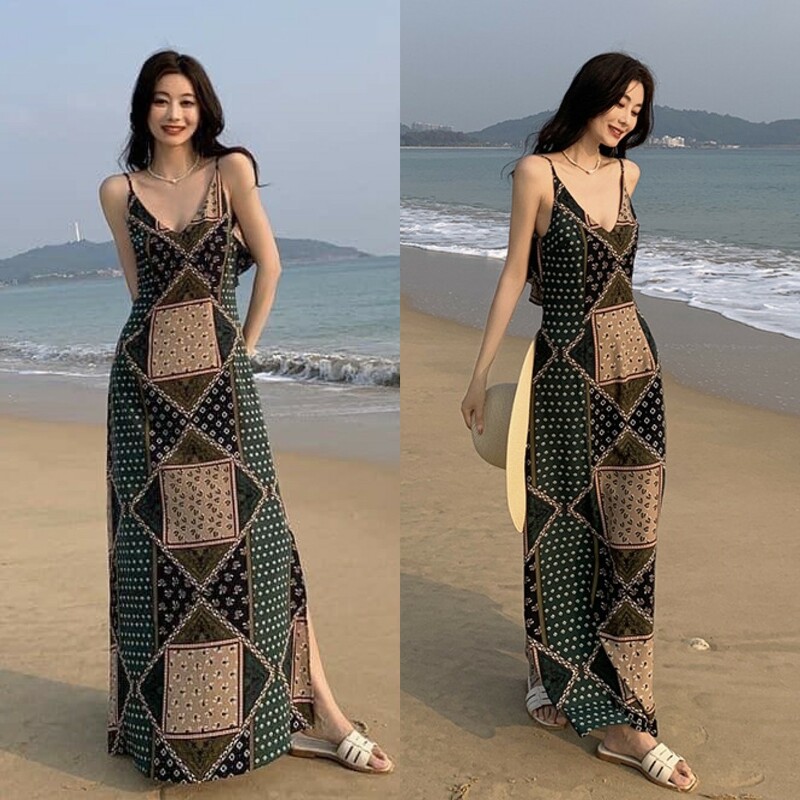 kudapy ชุดเดรสยาวสายเดี่ยวไปทะเล ผ่าด้านข้าง นวทะเลๆๆ ค่า ผ้ไหมอิตาลี่ พิมพ์ลายกราฟฟิก