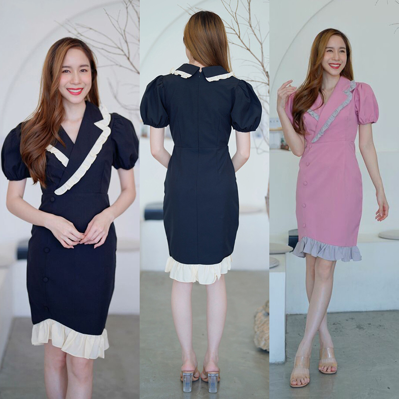 kudapy เดรสสั้นสีชมพู/สีกรม ปกสูทแต่งระบายกระดุมข้างแขนจั๊ม