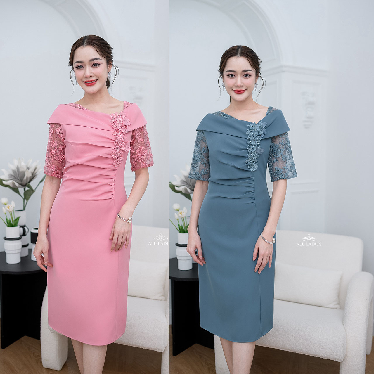 kudapyเดรสสั้นสีฟ้าคราม/สชมพู เป็นผ้าพื้นเนื้อนิ้ม ช่วงแขนเป็นผ้าลูกไม้ใยบวบลายนูนสามมิติ ดีไซน์ตัดแต่งผ้าโอบไหล่ ช่วงตัวด้านหน้าทำลายเย็บแบบย่น