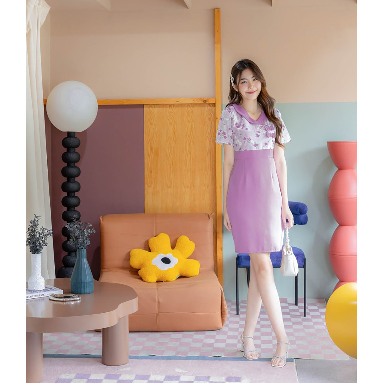 kudapy เดรสสีพื้นแต่งเสื้อลายดอกโบว์2ชิ้น