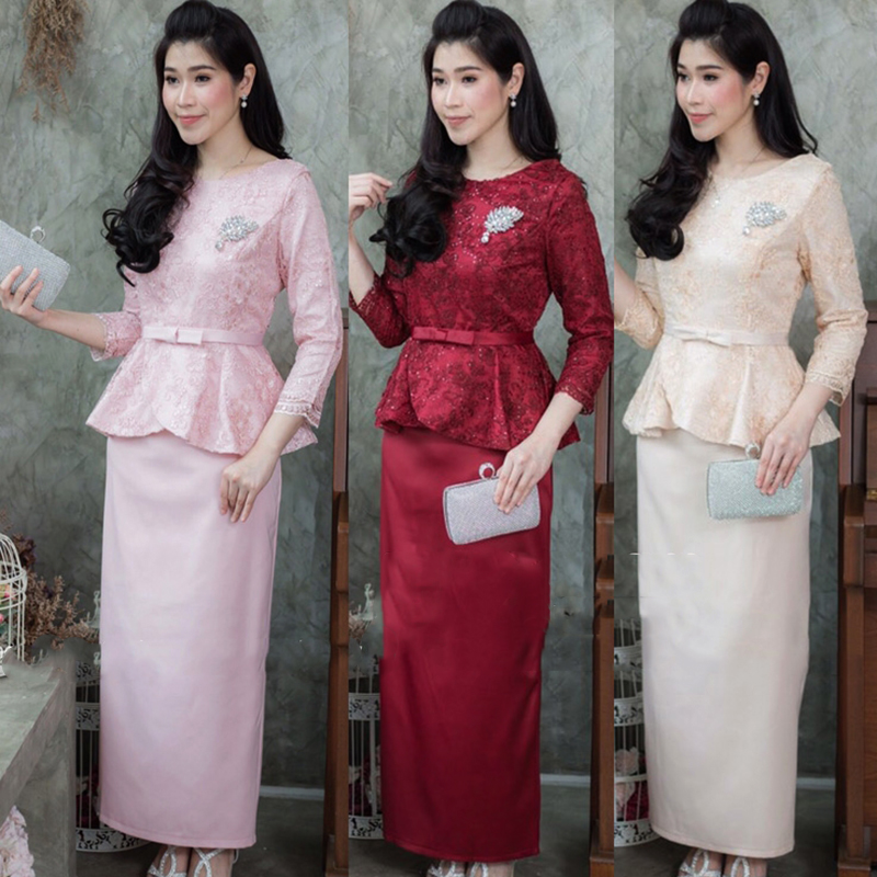 kudapy เซทเสื้อลูกไม้+กระโปรงยาว สีชมพู/ครีมทอง/แดง เสื้อแขนสี่ส่วน ลูกไม้ปักแต่งเลื่อม