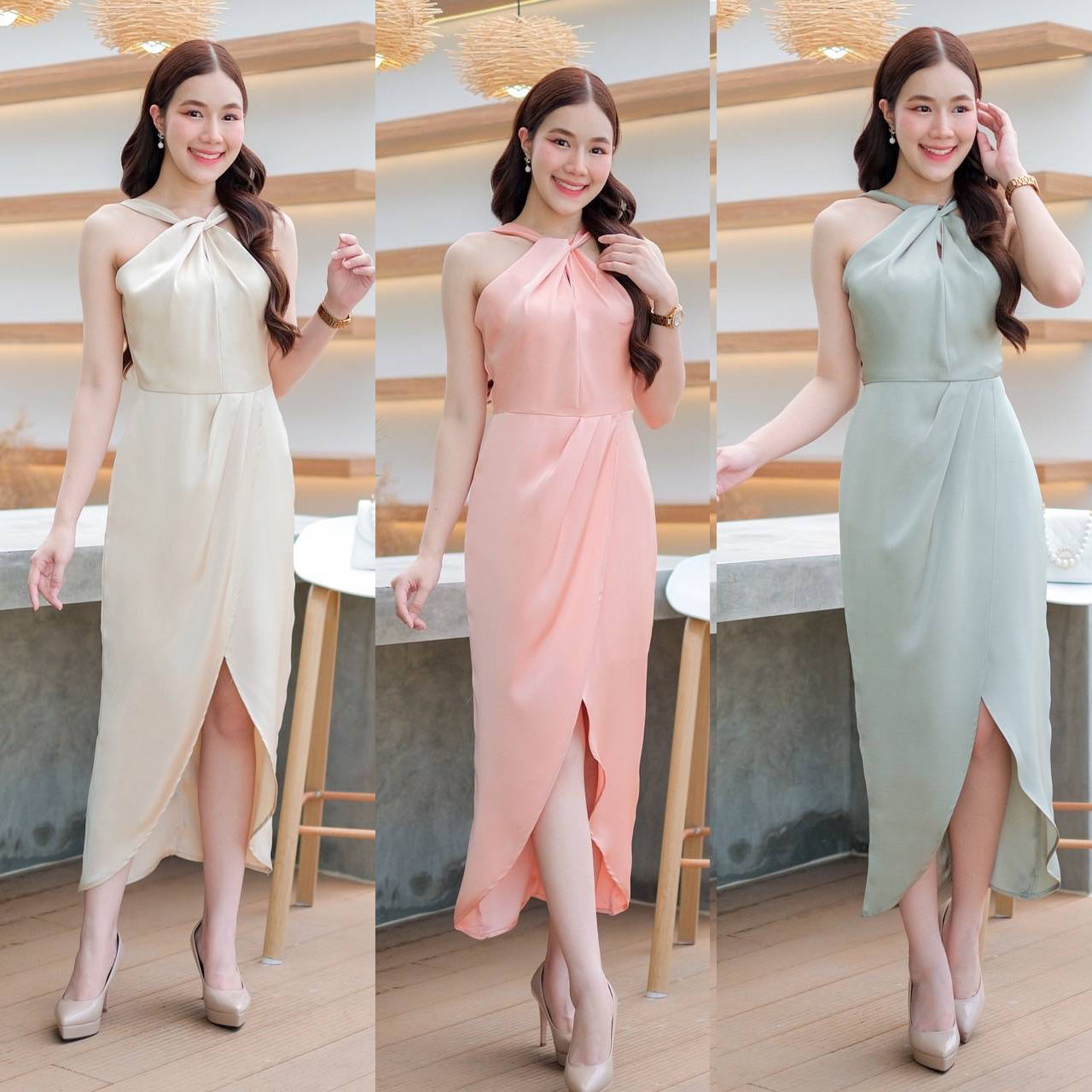 kudapy เดรสยาวชมพูโอรส/สีเขียว/สีครีม คล้องคอ+โบว์เพชร กระโปรงทรงทิวลิป มีซับกระโปรงสั้นด้านใน