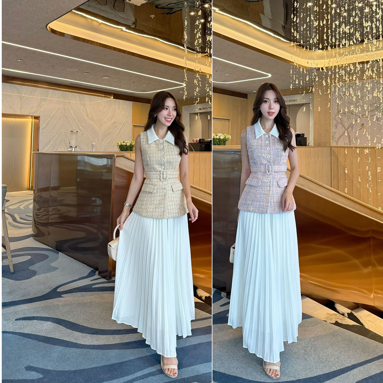 kudapy ชุดเซ็ททวิตปกขาวมาพร้อมกระโปรงยาว แถมฟรีเข็มขัด เสื้อใช้ผ้าทวิตทอพิเศษ มีซับในเป็นผ้าซาติน