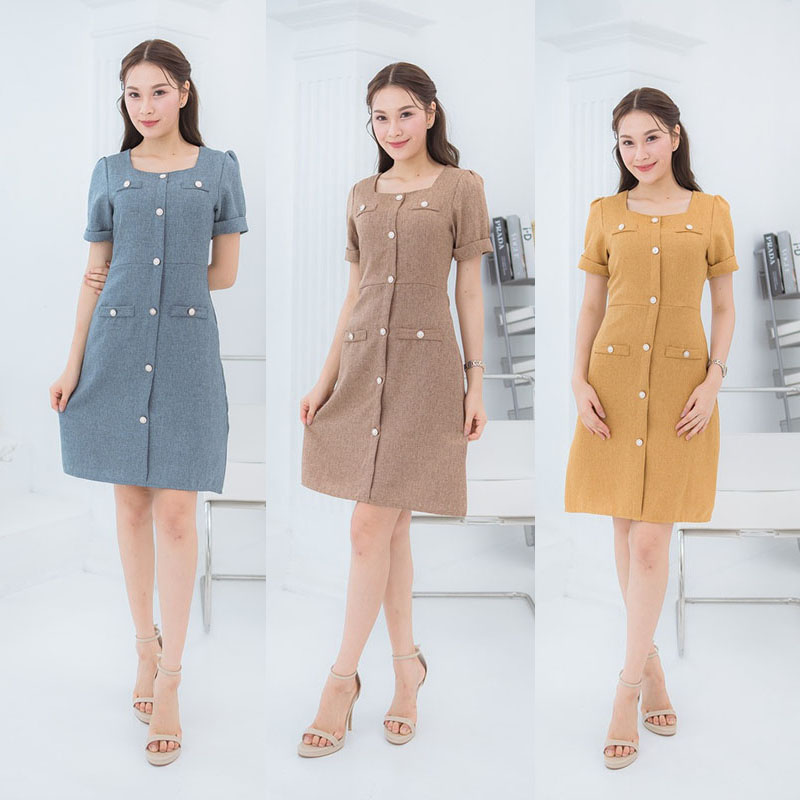 kudapy เดรสสั้นสีเหลือง/สีน้ำตาล/สีฟ้า ผ้าชาแนลแต่งกระดุม