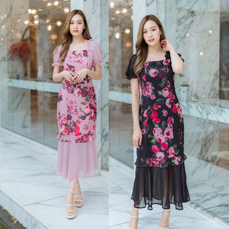 kudapy เดรสยาวสีชมพู/สีดำ แขนจั๊มลายกุหลาบชีฟอง ใส่ออกงานใส่เที่ยว เนื้อผ้าเบาสวยดูดีมากๆ