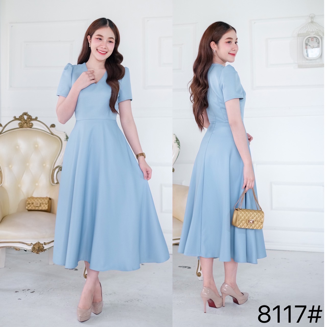 kudapy เดรสสั้นสีขาว ดำ ชมพูพาสเทล ทอง กรม แขนสั้น คอวี เกาหลีมากแม๊ คัตติ้งเริศแบบอลัง เข้ารูป เก็บทรง เอวสับๆ กระโปรงบาน