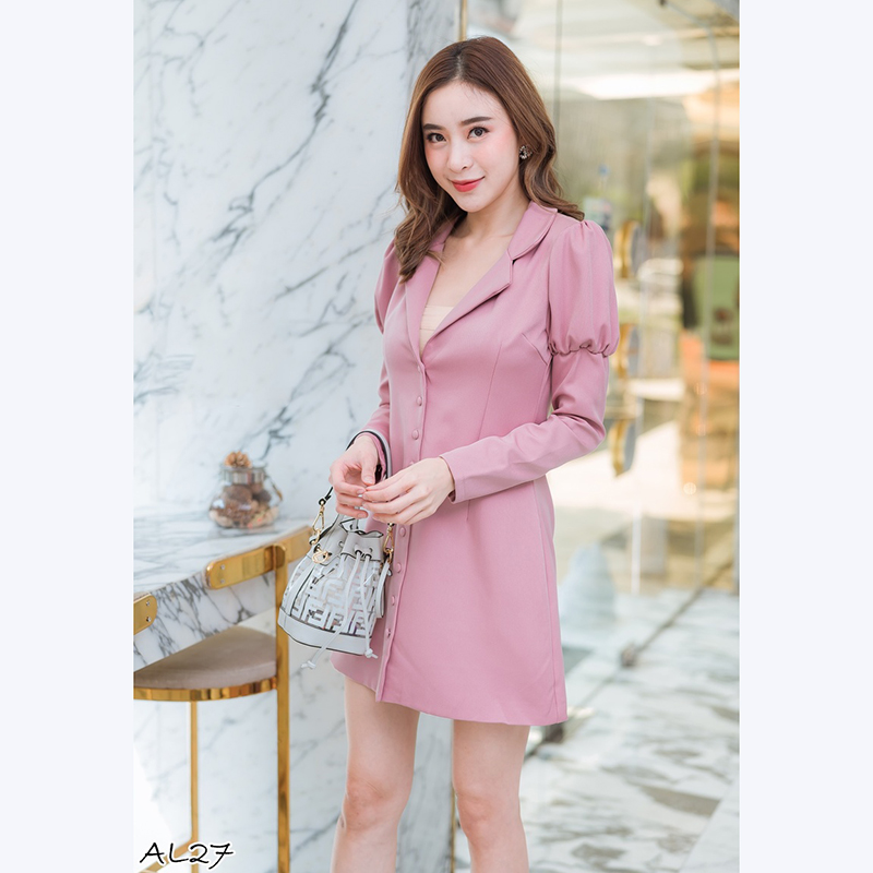 kudapy เดรสสั้นสีชมพู ทรงสูทแขนพองสวยน่ารักดูดี ใส่ออกงานสบายๆ