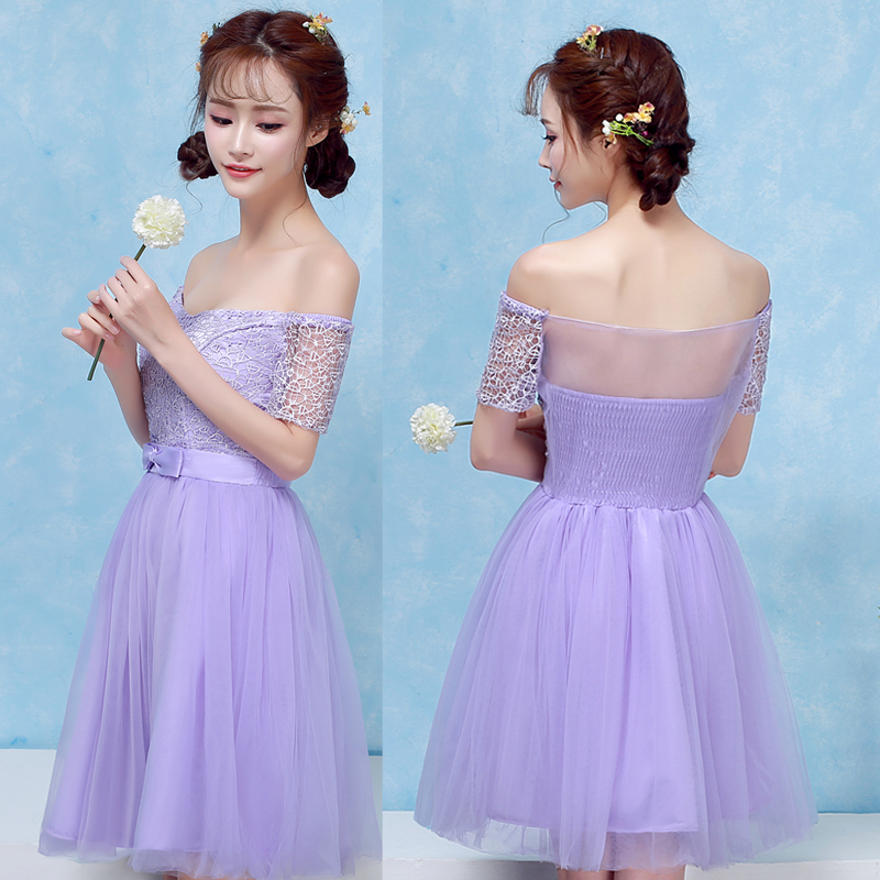 kudapy ชุดราตรีสั้นสีม่วง/สีชมพู เปิดไหล่ แขนสั้น ช่วงบนเป็นผ้าลูกไม้ ทรงสวยมาก