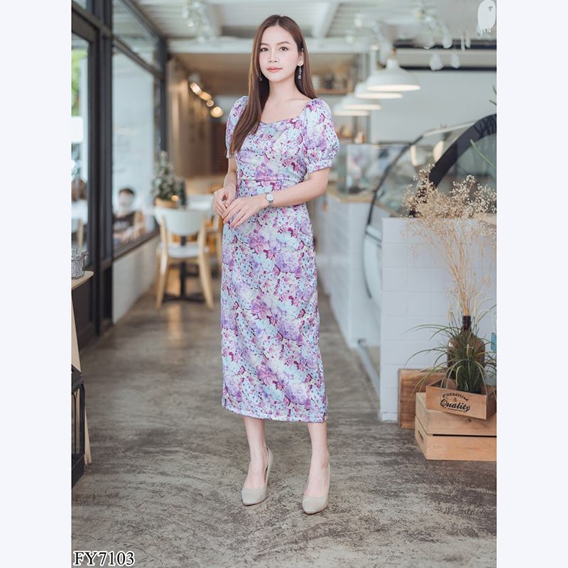 kudapy เดรสยาวสีเหลือง/สีม่วง เกาหลีแขนย่น สวยใส่สบายดูดี