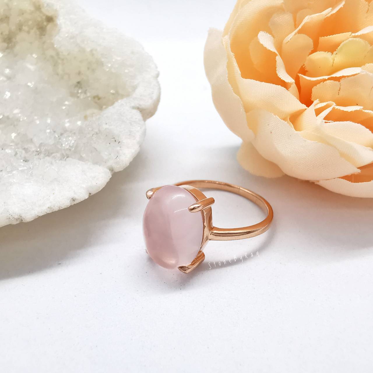 แหวนเงินชุบพิ้งโกล์ดหินโรสควอตซ์ Rose Quartz