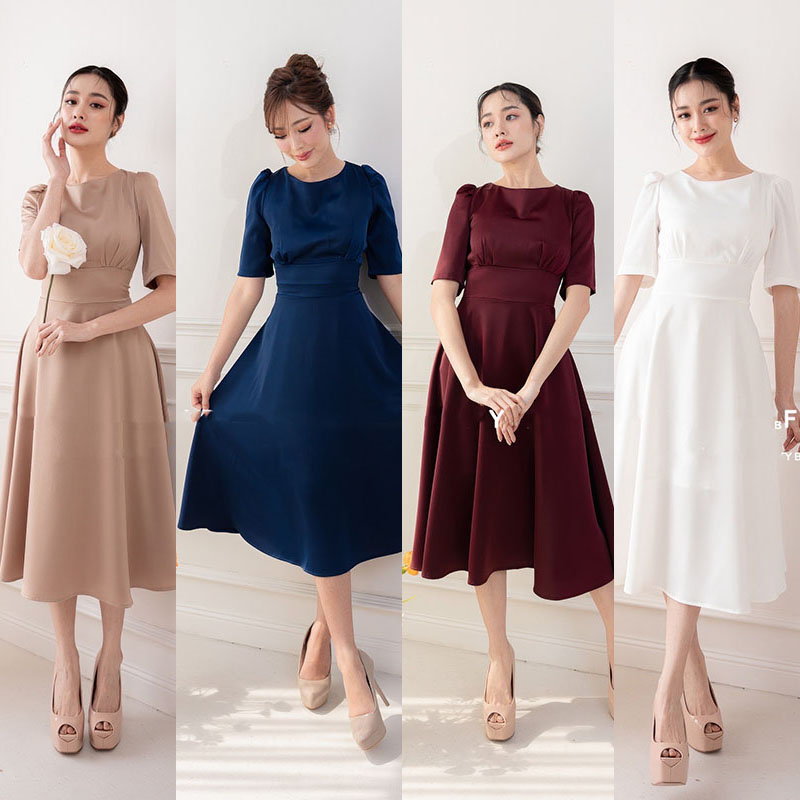 kudapy เดรสสั้นสีโอวัลติน/สีกรม/สีแดง/สีขาว กระโปรงบาน แขนสั้น ทรงรุ่นนี้ใส่แล้วสวยหวาน