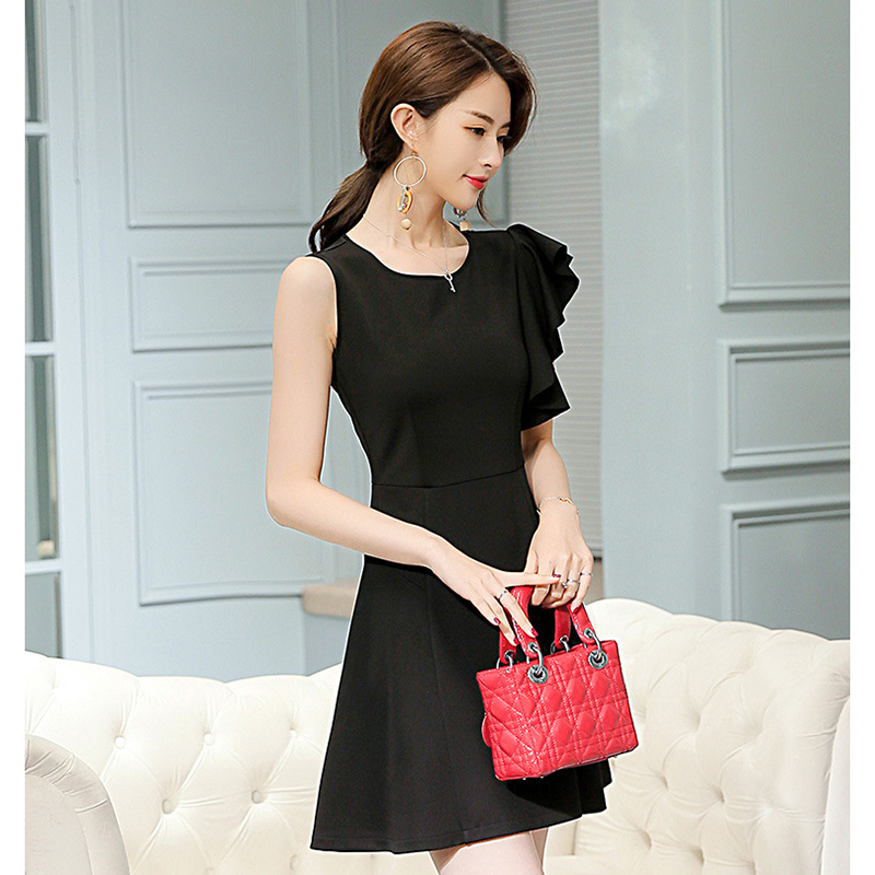 kudapy ชุดเดรสสั้นสีดำ แฟชั่นแขนสั้น แต่งแขนสั้นระบายแบบสวยหรูดูดีสไตล์เกาหลีจ้า