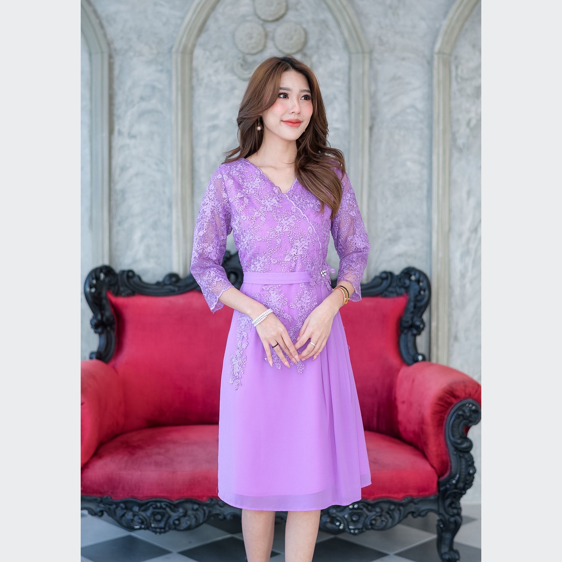 kudapy เดรสสั้นสีม่วง ลูกไม้ปักเกรดพรีเมี่ยมสวยหรูตกแต่งเลื่อมทั้งตัว ช่วงกระโปรงเป็นผ้า chiffon