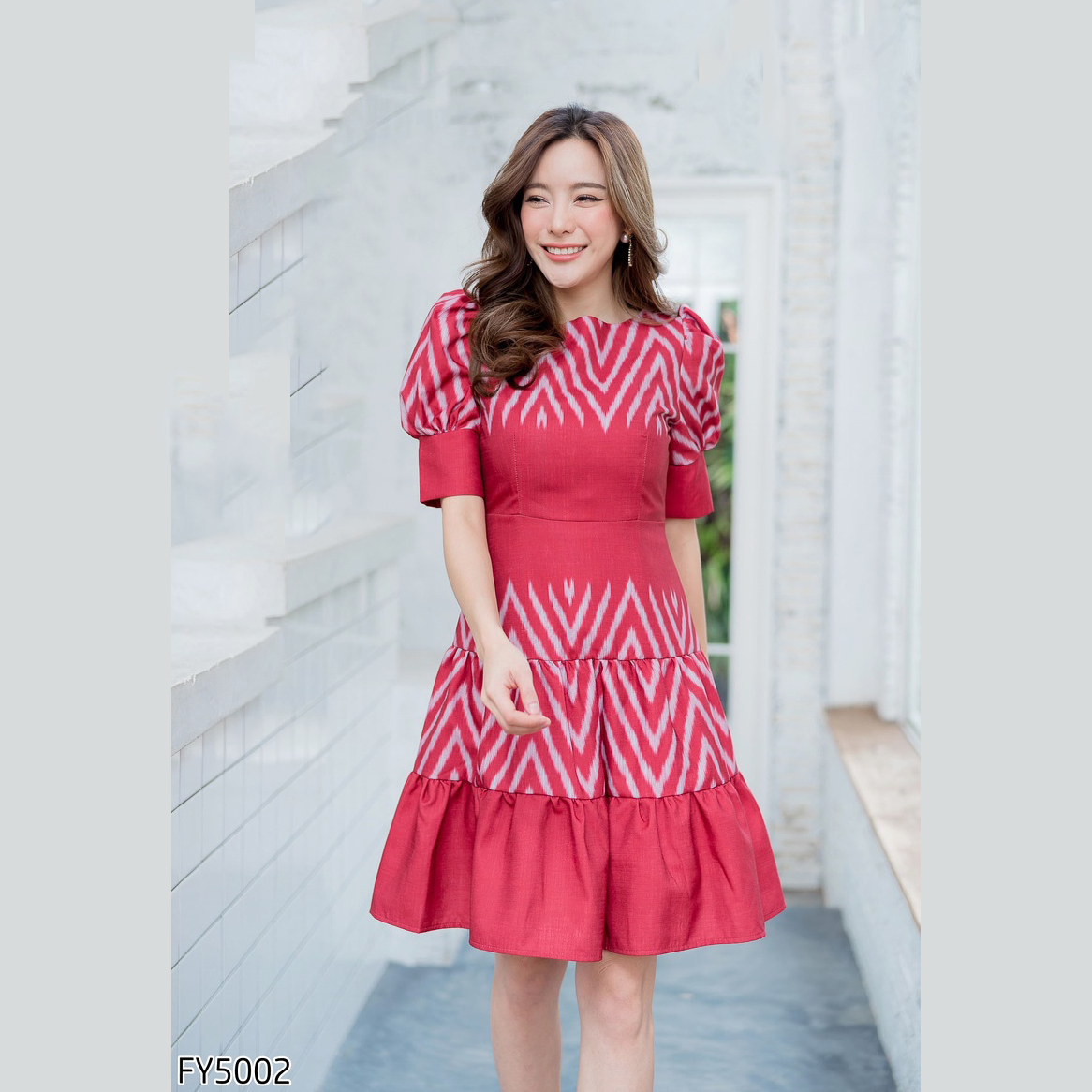 kudapy เดรสสั้นผ้าไทยแขนพองตุ้กตา เดรสสั้นไปงาน กระโปรงระบายสองชั้น งานวิบหลังจร้าา